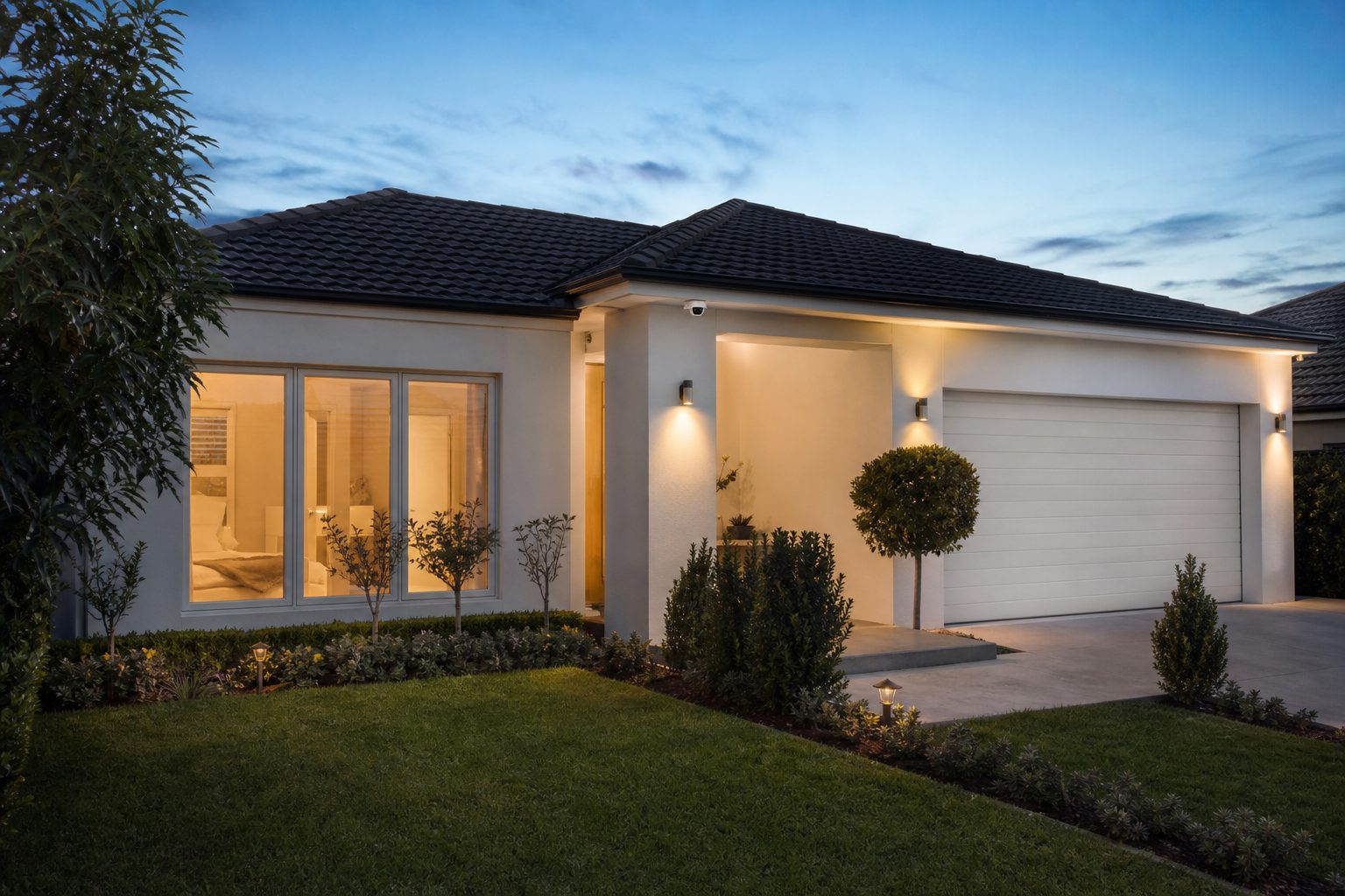 Security camera mounted beneath the eave of a suburban home at dusk
