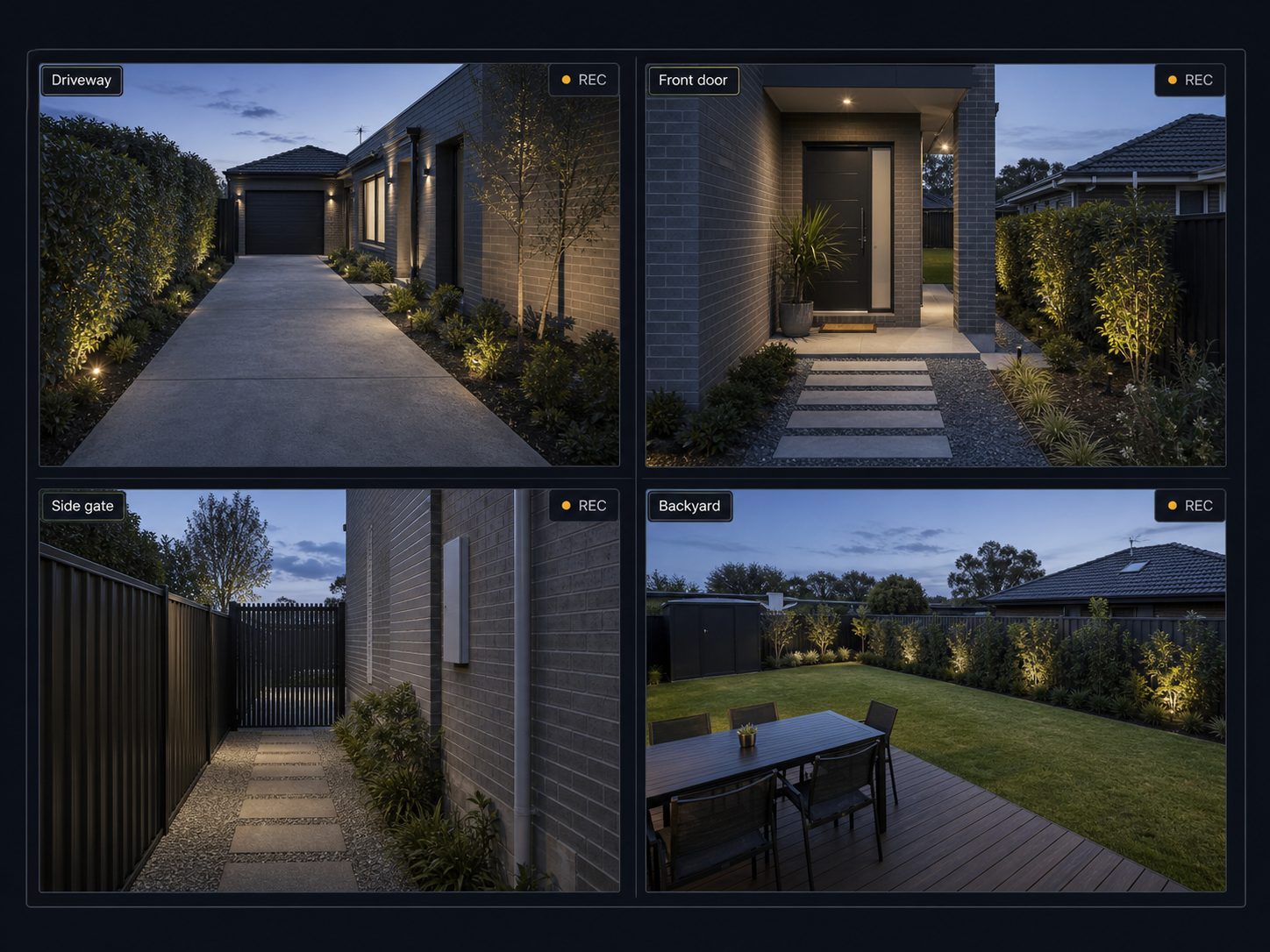 Illustrative four-camera view: driveway, front door, side gate and backyard